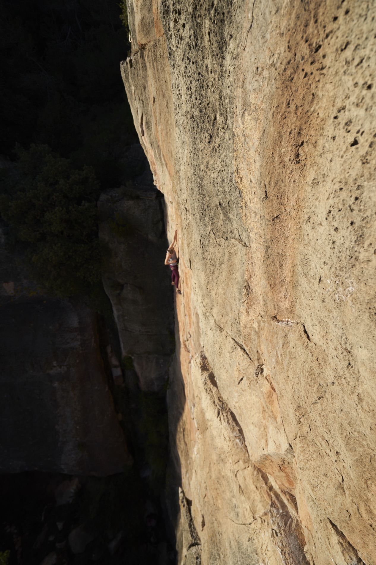 A lone woman climber reaches up a towering sunlit orange limestone wall high above a shadowed Siurana gorge.